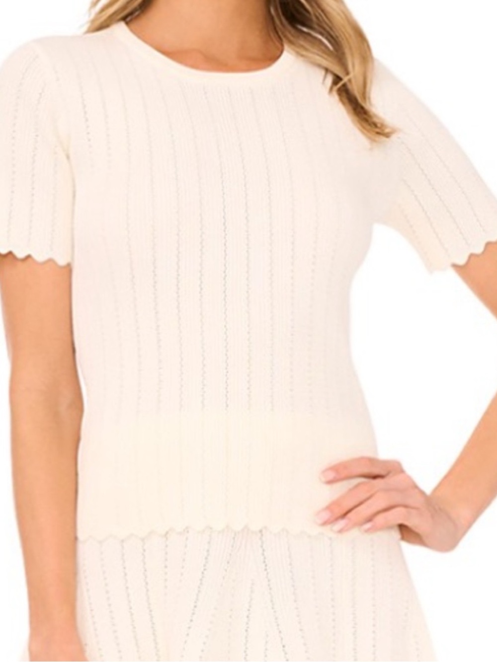 Ted Baker Ivory Summer Soiree Ribbed Short Sleeve Top with Scalloped Edges